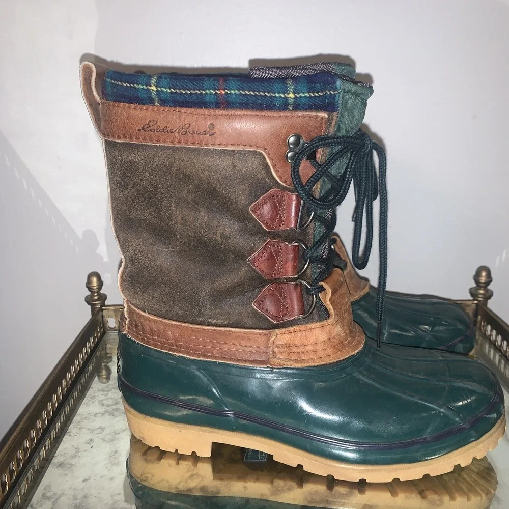 Eddie Bauer Boots Womens 7‎ Green Fleece Snow Rain Leather Trim Tartan Duck